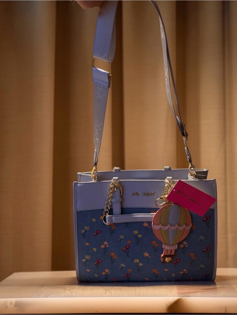 Betsey Johnson Denim Floral Satchel with Pastel Hot Air Balloon Charm NWT - Picture 4 of 7